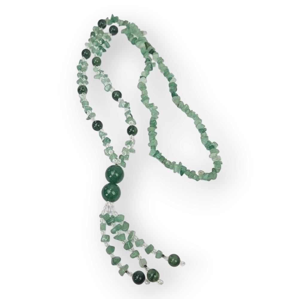 Gemstone Lariat Tassel Necklace Chip Sphere Glass Chrysoprase Dark Green ~30"